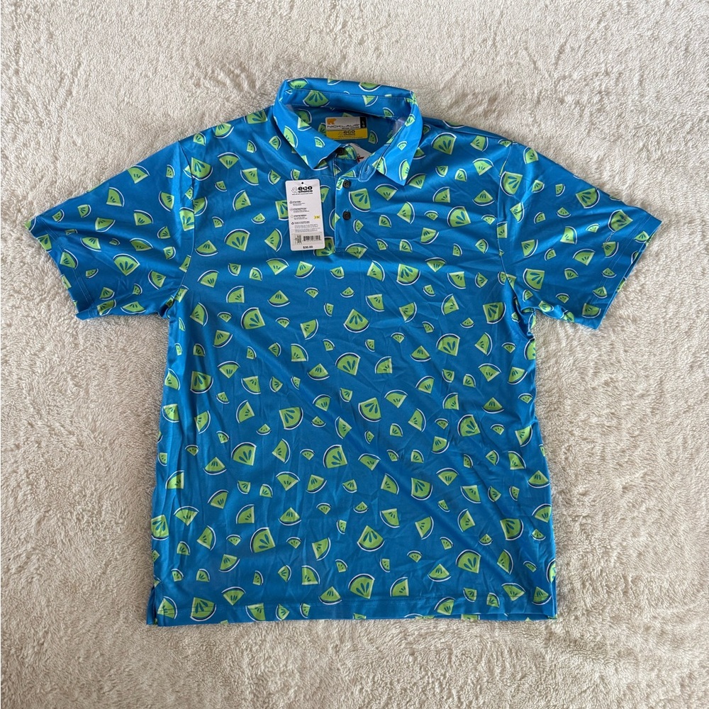 Vibrant Blue and Green Patterned Polo Shirt